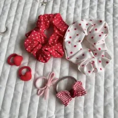 赤系 【 ヘアゴム 6点セット】 ハート りぼん キッズ ベビー 水玉