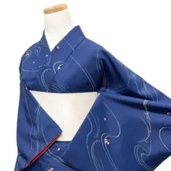 小紋　洗える着物　流水　松葉　桜　花びら　ネイビー　着物　122b d ms