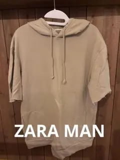 【値下げ】【men's】ZARA MAN ベージュ フード付き半袖パーカー M
