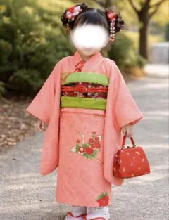 七五三　着物セット　3歳　オレンジ色　金駒刺繍