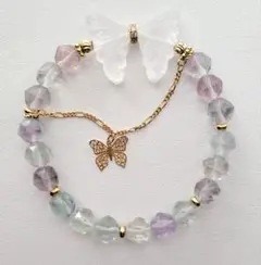 ① フローライト 水晶蝶々チェーンチャーム付 スターカット付き 8㍉ 15.5㌢