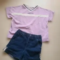 薄紫 Vネック Tシャツ デニムショートパンツ 2枚セット 150cm