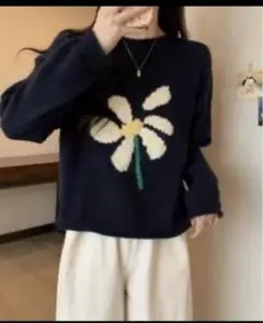 ネイビー 花柄 ニットセーター 長袖