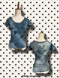 半袖カットソー バック刺繍 透け感 シースルー ブルー