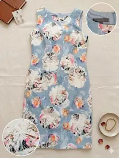 LAURA ASHLEYローラアシュレイ花柄ノースリーブひざ丈ワンピース　ブルー