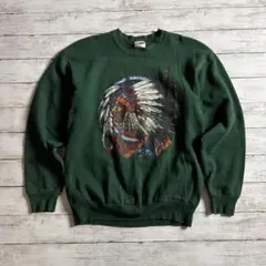 JERZEES ネイティブプリント スウェット M 深緑　ゆるダボメンズ古着