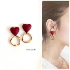 【No.470】ハンドメイド　ピアス　イヤリング　ハート　大人可愛い　赤　レッド