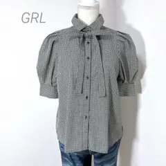美品　グレイル　GRL リボンタイ付きギンガム柄パフスリーブブラウス　M 完売品