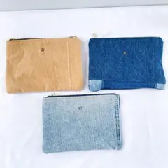 多用途∞マルチ平ポーチ3点セット　リメイクデニム　ヴィンテージ　used