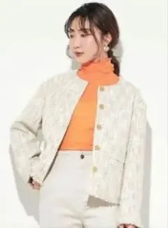 LILY BROWN　ノーカラーツイード ジャケットベージュ系　F　極美品✨