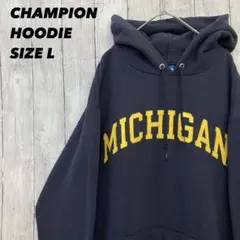 チャンピオン　ミシガンカレッジプリントスエットパーカー Lネイビー　アメリカ古着