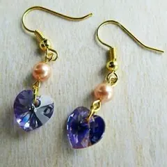 スワロフスキー ハートピアス 紫系 ハンドメイド
