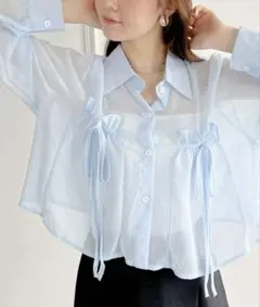 リボン＆フリルショート丈シアーシャツブラウス