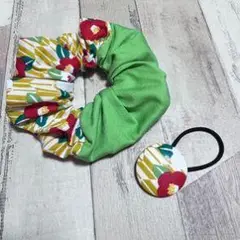 緑色シュシュと花柄ヘアゴムセット