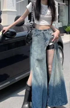 夏のおしゃれスタイル♪ ハイウエスト グラデーション デニム マキシスカート