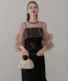 LEJAフラワースパンコールチュールフリルスリーブワンピースドレスSサイズ