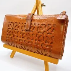 genten ゲンテン　長財布　大容量　カットワーク　L字ファスナー　ブラウン