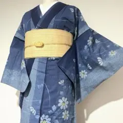 極美品4点セット】洗練モダン型染小紋 袋帯 帯締め 帯揚げ 正絹 ブルー 