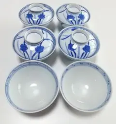青い花柄の茶碗セット 6点