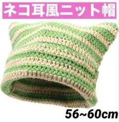 ニット帽 グリーン ボーダー 猫耳 自然に可愛く ネコミミ風 伸縮性 保温性