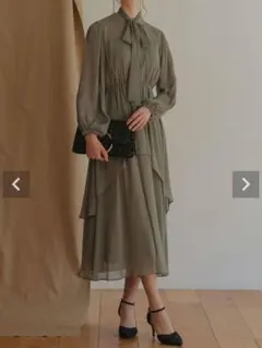 オケージョンドレス　結婚式　ボウタイティアードドレス　Mサイズ　カーキ