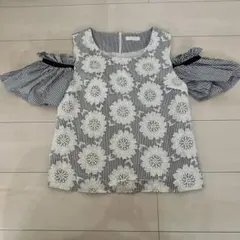 cherry ann 花柄ストライプオフショルダー半袖トップス