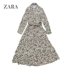 ZARA　総柄　シャツワンピース　ロング丈　Aライン　ウエストリボン付き　春秋