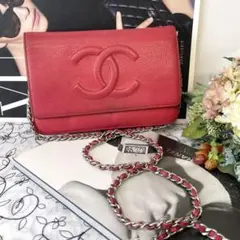 CHANEL シャネル【美品】チェーンウォレット デカココ キャビアスキン 赤