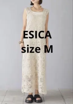 ESICA クロシェロングワンピース レース編み お花 鍵編み アイボリー系 Mのサムネイル