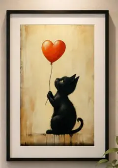 黒猫と赤いハートの風船 絵画 アート