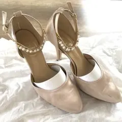 ベージュ サテン ハイヒールパンプス　結婚式