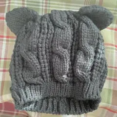 猫耳　ケーブル編みニット帽　ブラック　Y2K サブカル