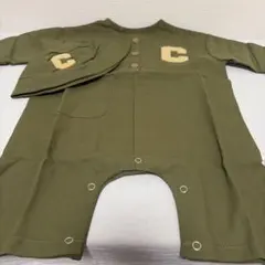 ベビー ロンパース 帽子 セット カーキ Cワッペン　帽子付　ボタン