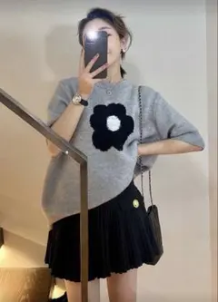 【新品】花柄 ドロップショルダーニットトップス L