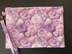 ★ペッタンコ★フラットポーチ★ストラップ付き★ピンク薔薇