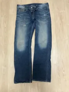 ダメージ加工 ダークブルー ストレートジーンズ