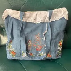 刺繍デニムトートバッグ レース付きビンテージフローラル 新品未使用