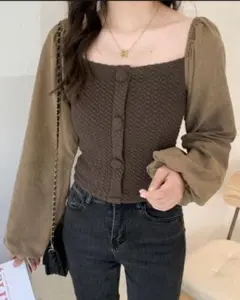 新品 未使用 タグ付き シャツ ブラウス 袖ボリューム異素材ドッキングジャガード