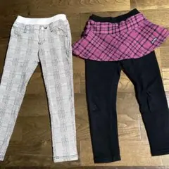 女の子120 パンツ　白黒チェックパンツ　ピンク黒チェック　スカート付きパンツ