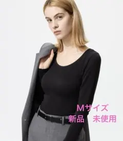 UNIQLO 極暖ヒートテックリブUネックブラTシャツ ブラック M 新品