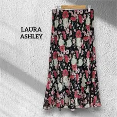 美品 ローラアシュレイ 花柄 フレアスカート 黒 9号 ウエストゴム シフォン