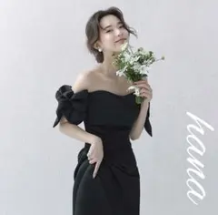 大人気＊ブラックドレス 前撮り ウェディング サテン オフショル 二次会 M