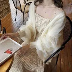 NICE CLAUP チュール重ねロングカーディガン ニットカーディガン