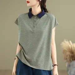 折り衿 前ボタン ゆったり カジュアル ブラウス 通勤 ボーダー オシャレ