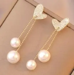 チェーン ハート パール ロングピアス 揺れる ゴールド 高見え 韓国 結婚式