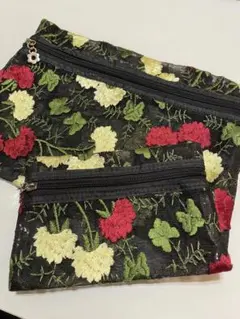 2点セット刺繍メッシュポーチ☆ポーチ旅行用ポーチ トラベルポーチ