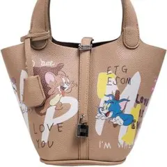 【トムとジェリー】未使用 2way 斜めがけ ポーチ付 ペイントバッグ ベージュ