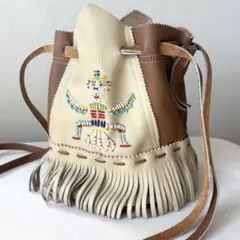 美品・ヴィンテージ　革　レザー　ハンドメイド　ショルダーバッグ　リュック　巾着型