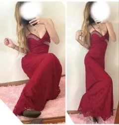 赤　総レース　花柄　レース　ロング　ロングドレス