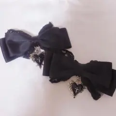 チャーム付き レース リボン ヘアクリップ ブラック